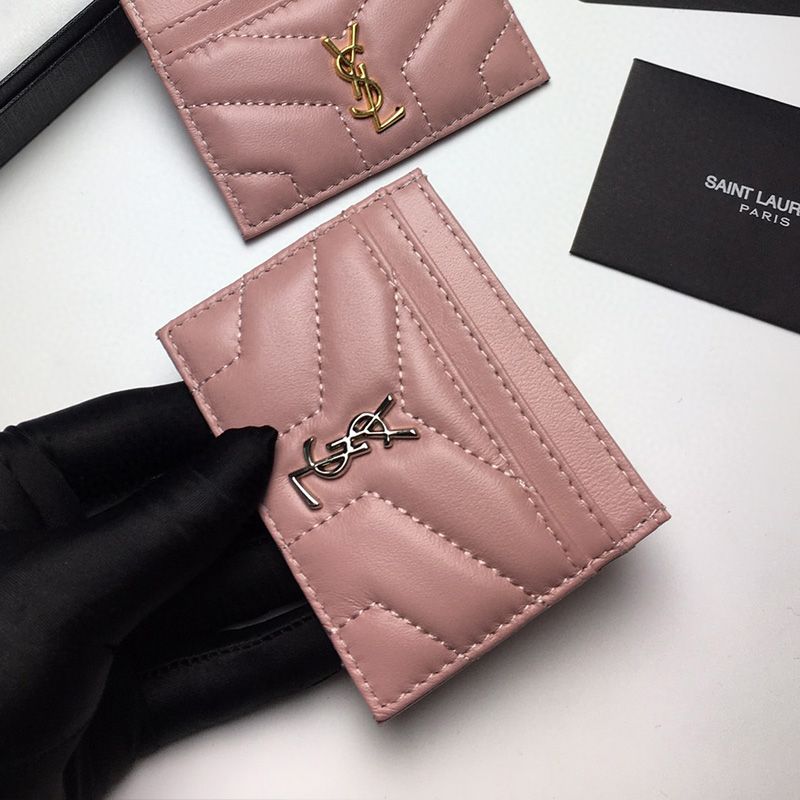 Saint Laurent Monogram Card Case In Matelasse Lambskin Pink Silver