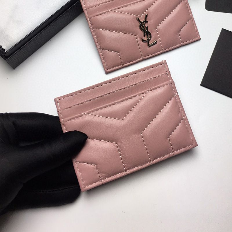 Saint Laurent Monogram Card Case In Matelasse Lambskin Pink Silver