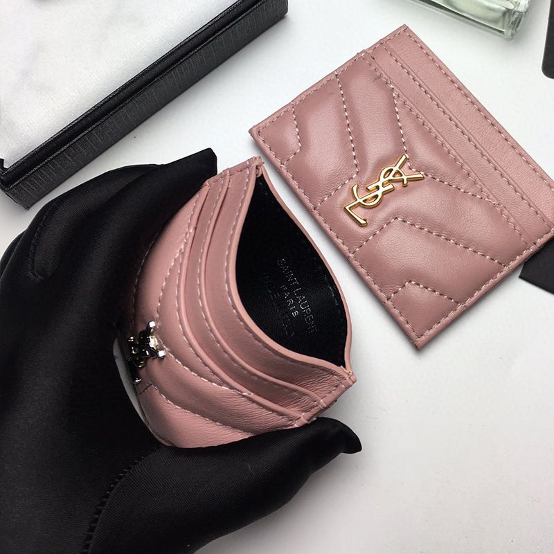 Saint Laurent Monogram Card Case In Matelasse Lambskin Pink Silver