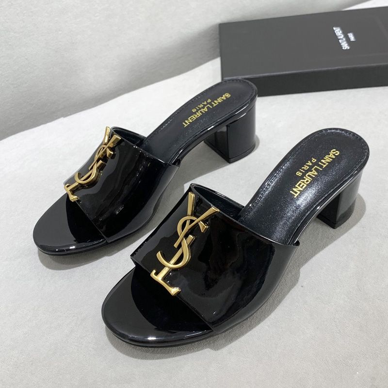 Saint Laurent Monogram Heeled Slides Women Patent Leather Black Gold