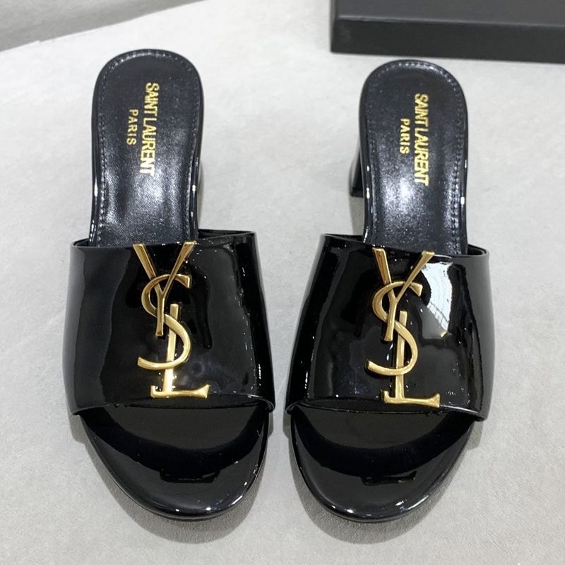 Saint Laurent Monogram Heeled Slides Women Patent Leather Black Gold