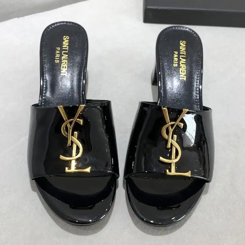 Cheap Saint Laurent Monogram Heeled Slides Women Patent Leather Black Gold