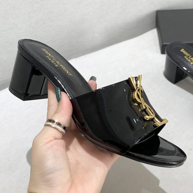 Saint Laurent Monogram Heeled Slides Women Patent Leather Black Gold