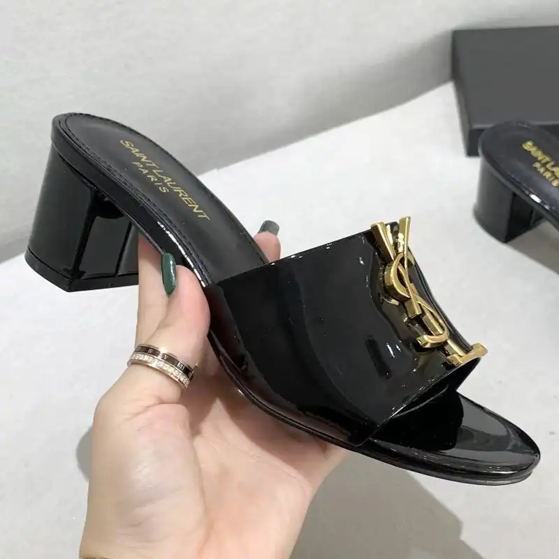 Cheap Saint Laurent Monogram Heeled Slides Women Patent Leather Black Gold