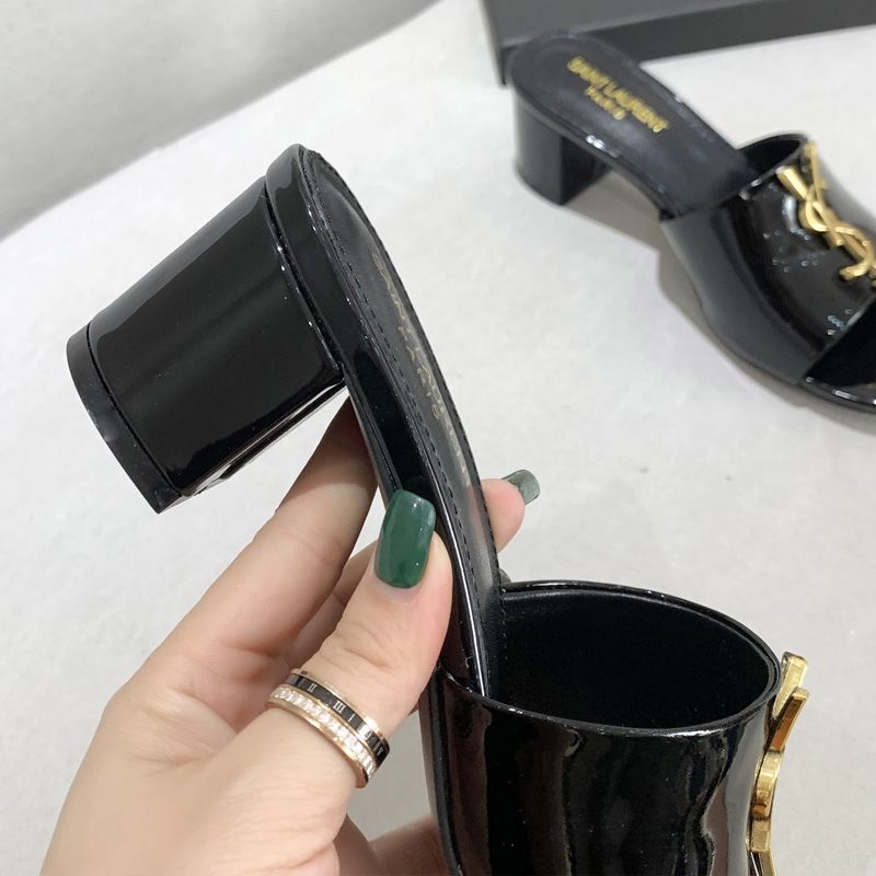 Saint Laurent Monogram Heeled Slides Women Patent Leather Black Gold