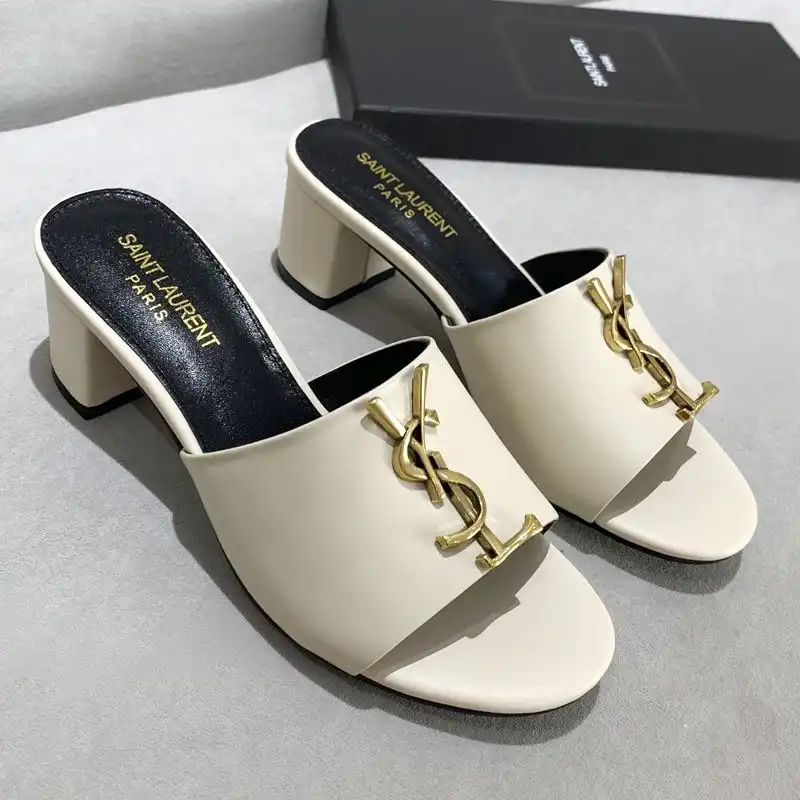 Saint Laurent Monogram Heeled Slides Women Smooth Leather Beige Gold