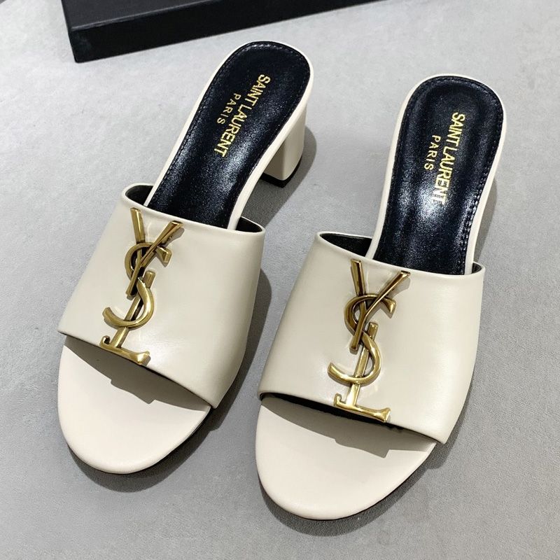 Saint Laurent Monogram Heeled Slides Women Smooth Leather Beige Gold