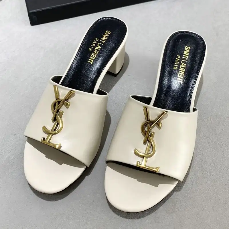 Cheap Saint Laurent Monogram Heeled Slides Women Smooth Leather Beige Gold