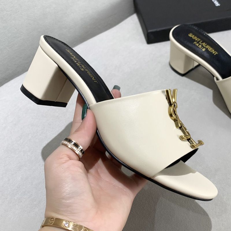 Saint Laurent Monogram Heeled Slides Women Smooth Leather Beige Gold