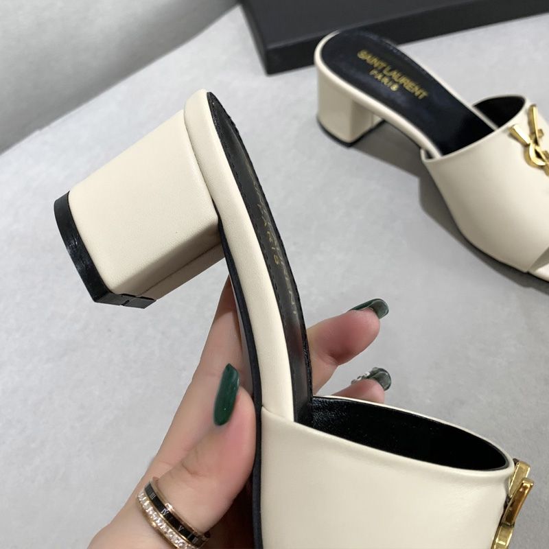 Saint Laurent Monogram Heeled Slides Women Smooth Leather Beige Gold