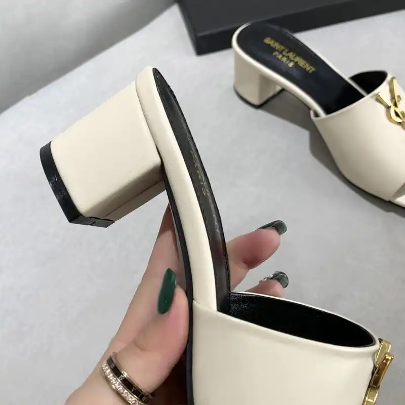 Cheap Saint Laurent Monogram Heeled Slides Women Smooth Leather Beige Gold