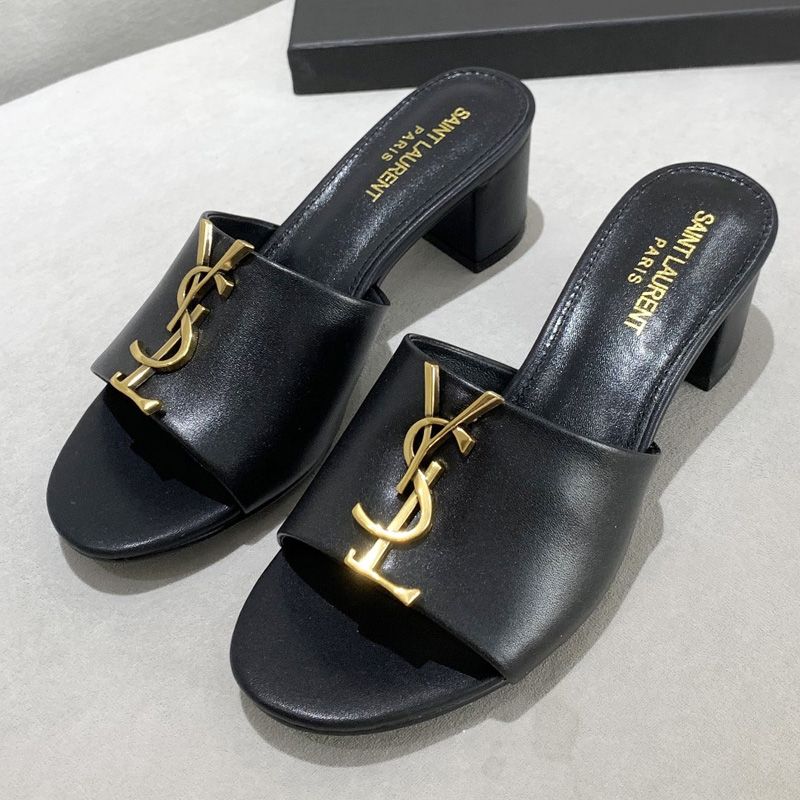 Saint Laurent Monogram Heeled Slides Women Smooth Leather Black Gold