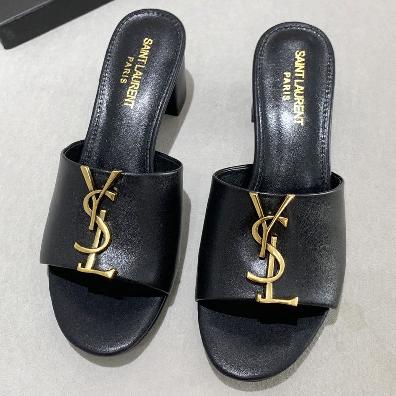 Saint Laurent Monogram Heeled Slides Women Smooth Leather Black Gold