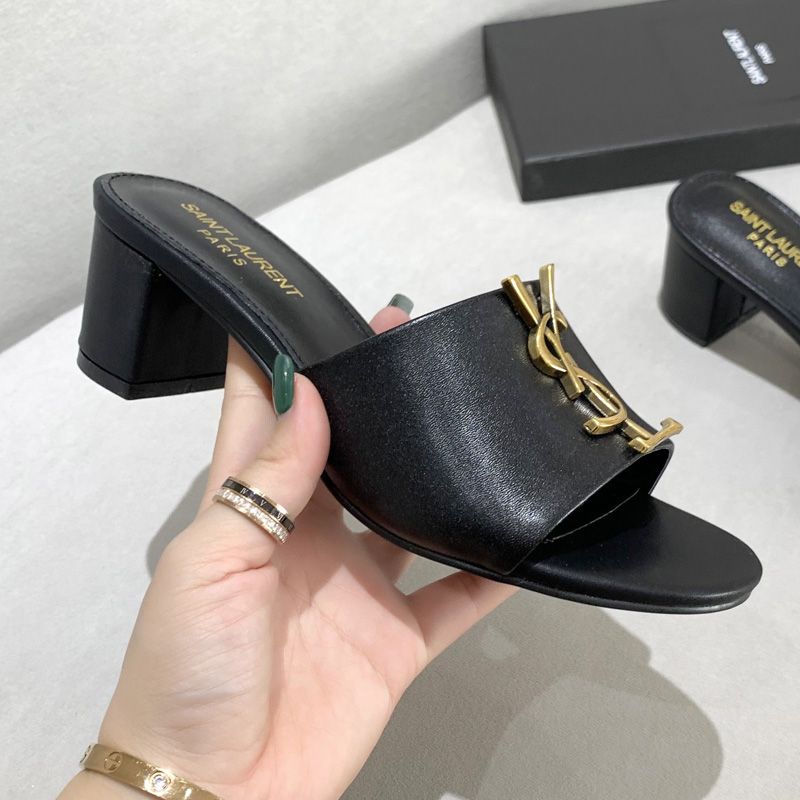 Saint Laurent Monogram Heeled Slides Women Smooth Leather Black Gold