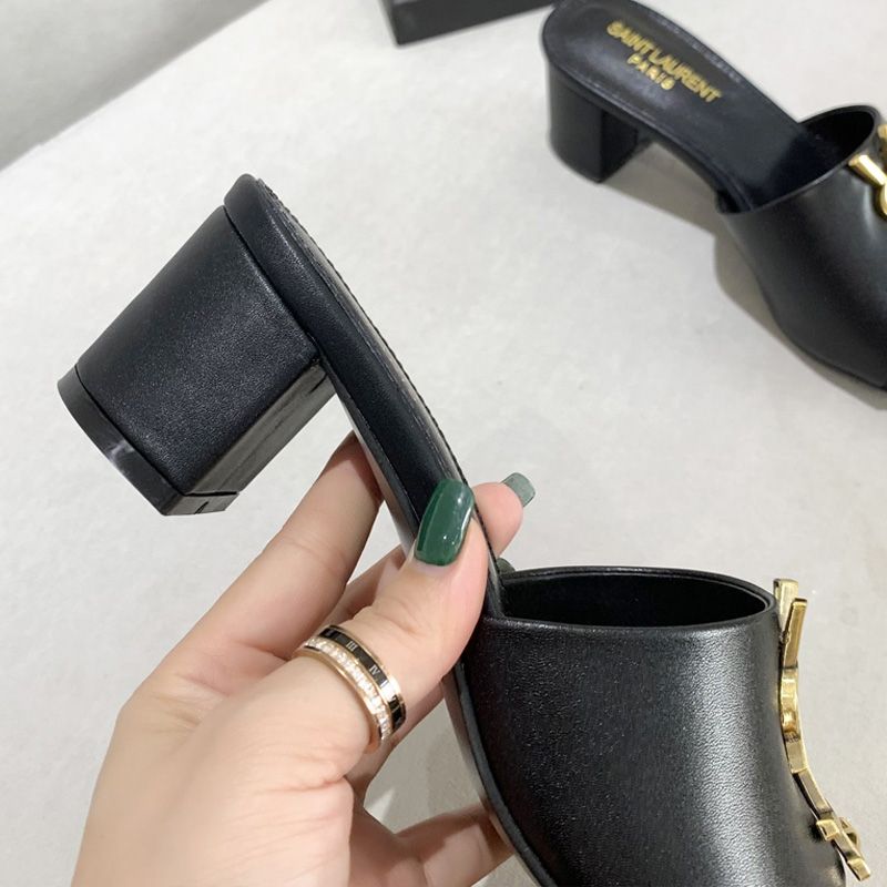 Saint Laurent Monogram Heeled Slides Women Smooth Leather Black Gold