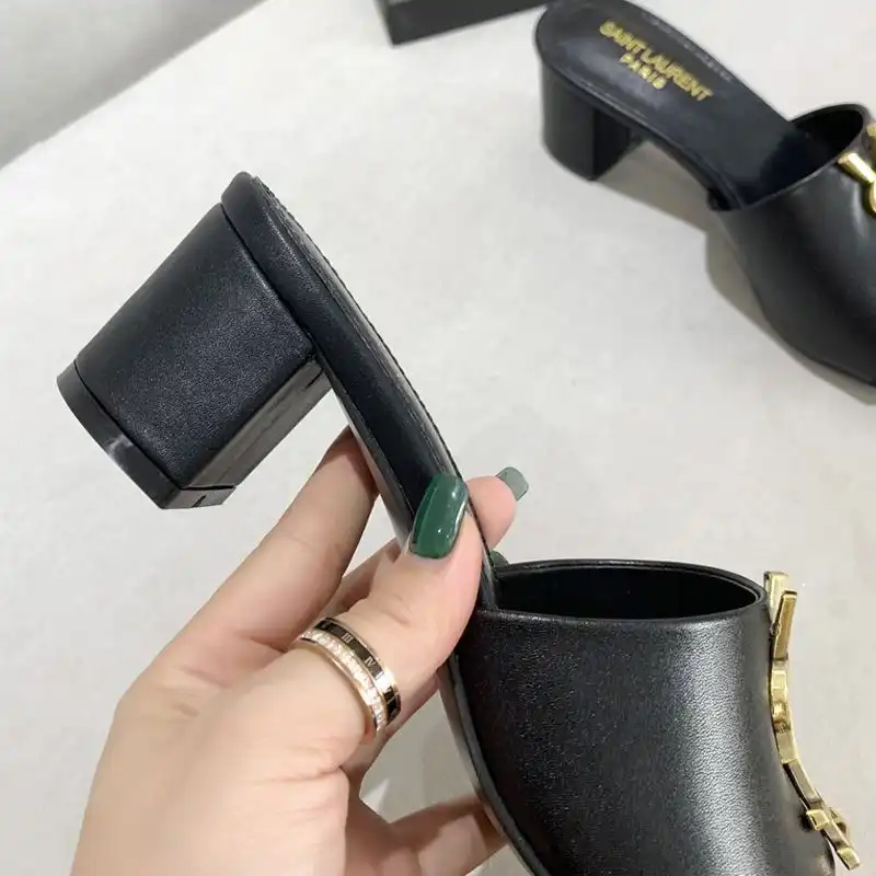 Cheap Saint Laurent Monogram Heeled Slides Women Smooth Leather Black Gold