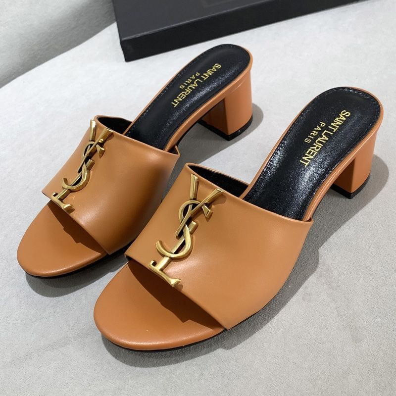 Saint Laurent Monogram Heeled Slides Women Smooth Leather Brown Gold