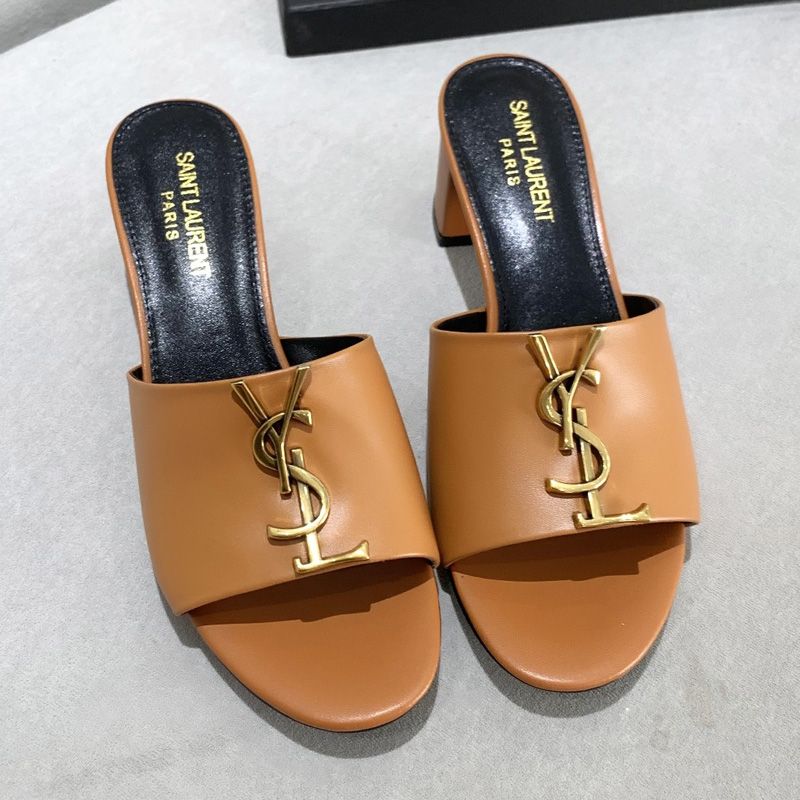 Saint Laurent Monogram Heeled Slides Women Smooth Leather Brown Gold