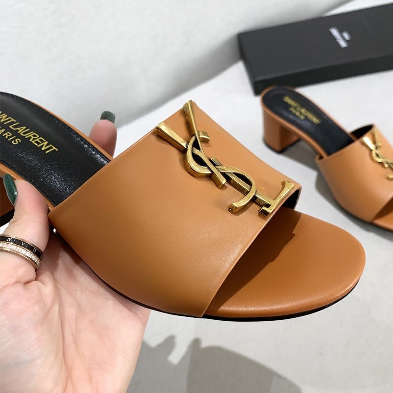 Saint Laurent Monogram Heeled Slides Women Smooth Leather Brown Gold