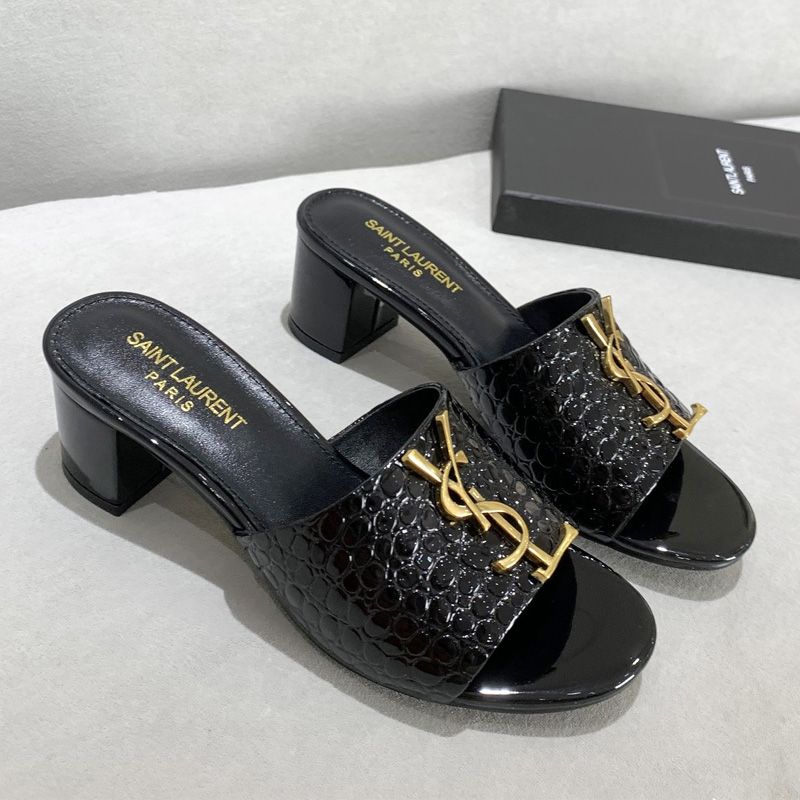 Saint Laurent Monogram Heeled Slides Women Stone Grain Leather Black Gold