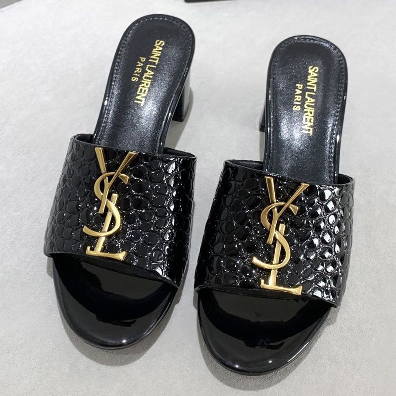 Saint Laurent Monogram Heeled Slides Women Stone Grain Leather Black Gold