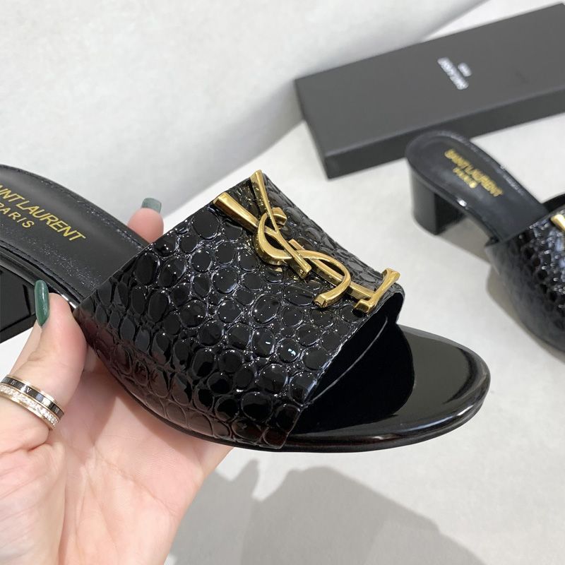 Saint Laurent Monogram Heeled Slides Women Stone Grain Leather Black Gold