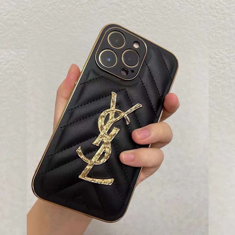 Saint Laurent Monogram iPhone Case In Matelasse Lambskin Black Gold