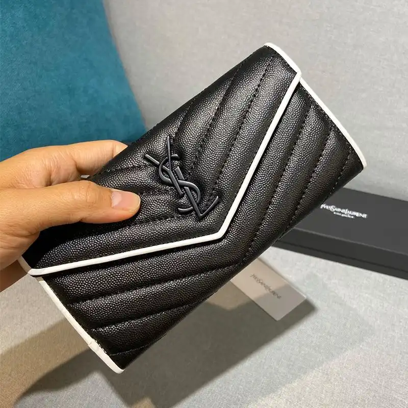 Saint Laurent Large Monogram Flap Wallet In Grained Matelasse Leather Black White