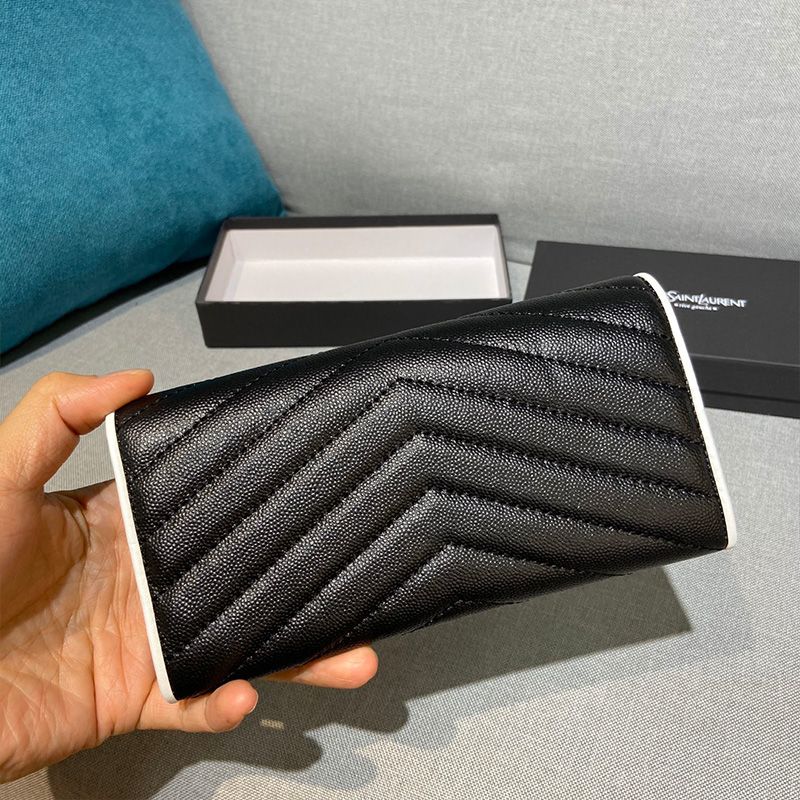 Saint Laurent Large Monogram Flap Wallet In Grained Matelasse Leather Black White