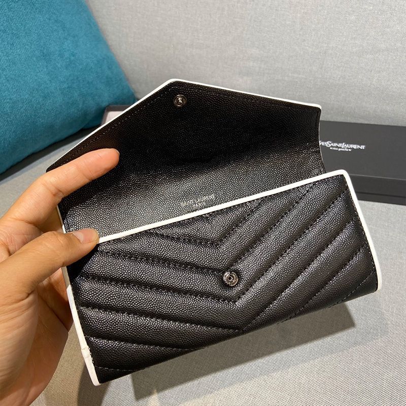 Saint Laurent Large Monogram Flap Wallet In Grained Matelasse Leather Black White