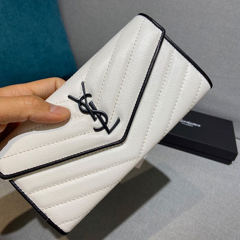 Saint Laurent Large Monogram Flap Wallet In Grained Matelasse Leather White Black