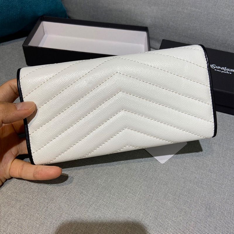 Saint Laurent Large Monogram Flap Wallet In Grained Matelasse Leather White Black