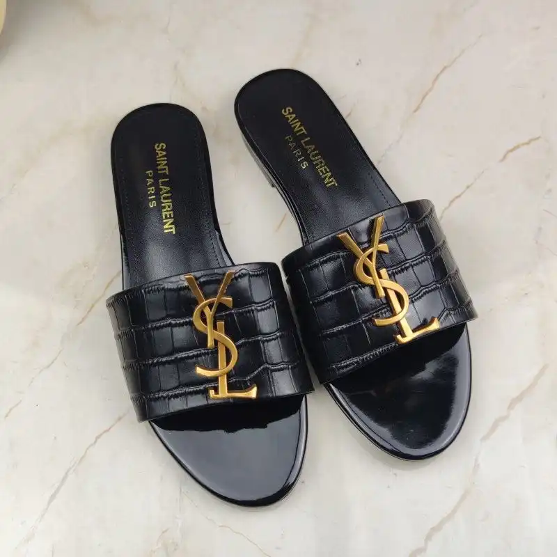 Saint Laurent Monogram Slides Women Crocodile Embossed Leather Black Gold