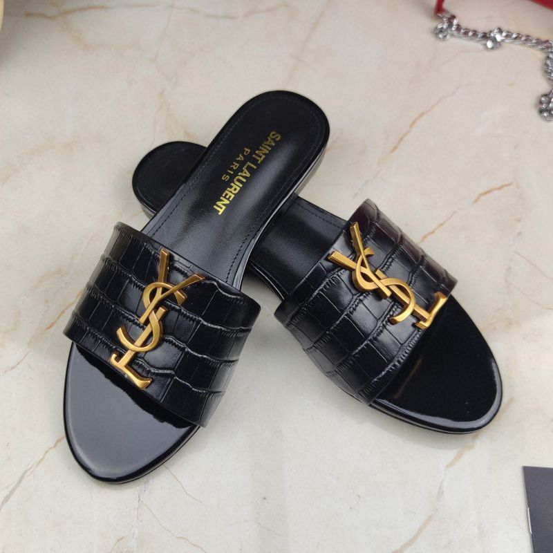 Saint Laurent Monogram Slides Women Crocodile Embossed Leather Black Gold