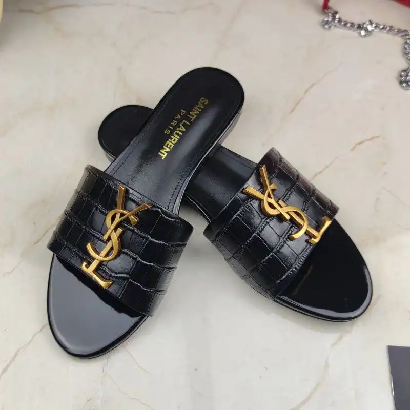 Cheap Saint Laurent Monogram Slides Women Crocodile Embossed Leather Black Gold