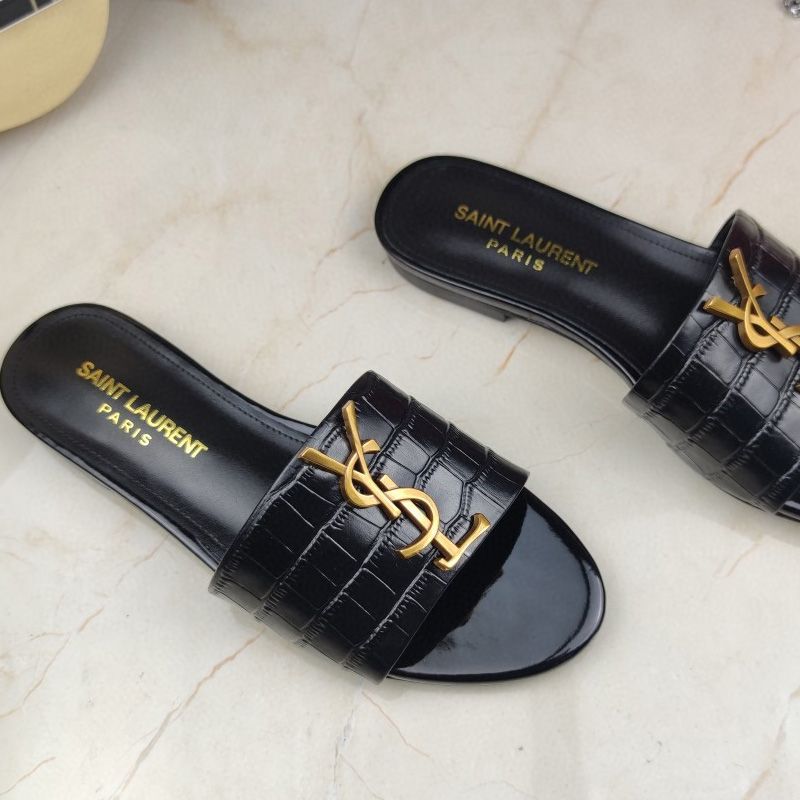 Saint Laurent Monogram Slides Women Crocodile Embossed Leather Black Gold