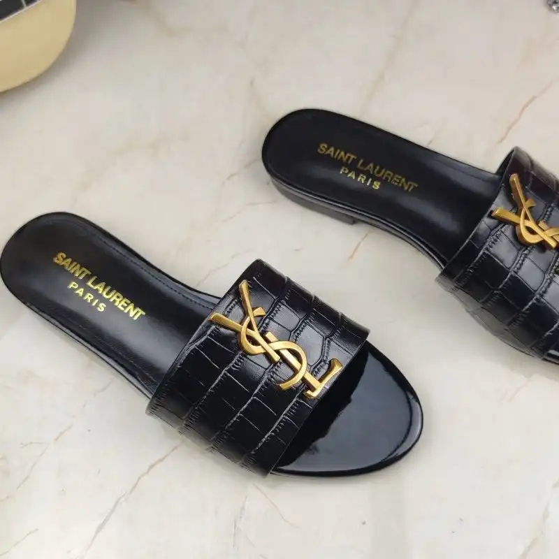 Cheap Saint Laurent Monogram Slides Women Crocodile Embossed Leather Black Gold