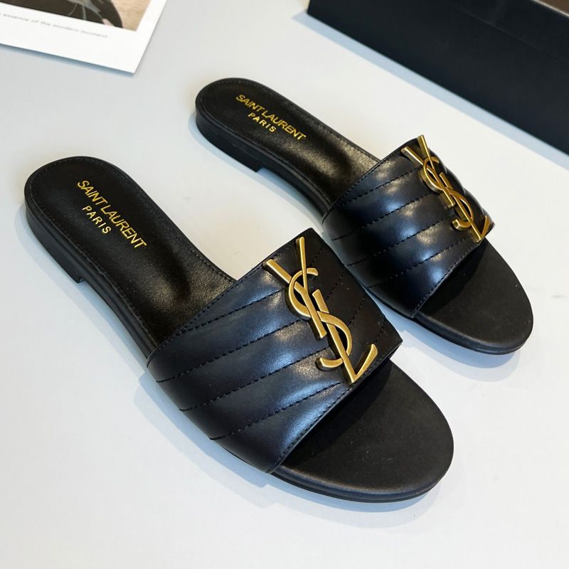 Saint Laurent Monogram Slides Women Matelasse Leather Black Gold