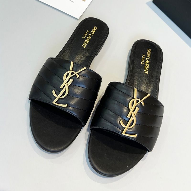 Saint Laurent Monogram Slides Women Matelasse Leather Black Gold