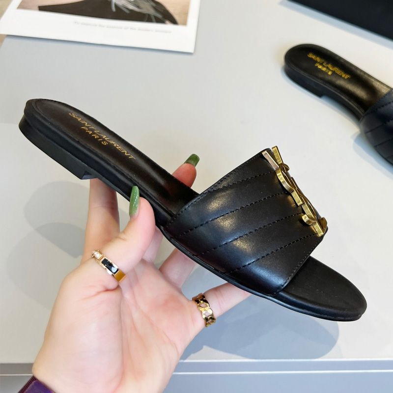 Saint Laurent Monogram Slides Women Matelasse Leather Black Gold