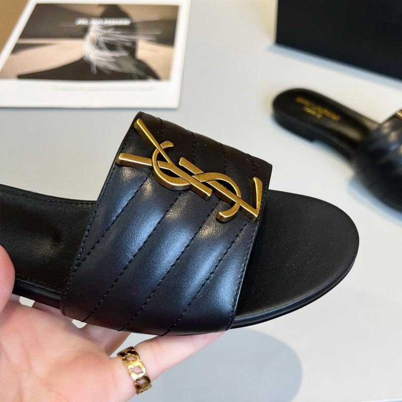 Saint Laurent Monogram Slides Women Matelasse Leather Black Gold