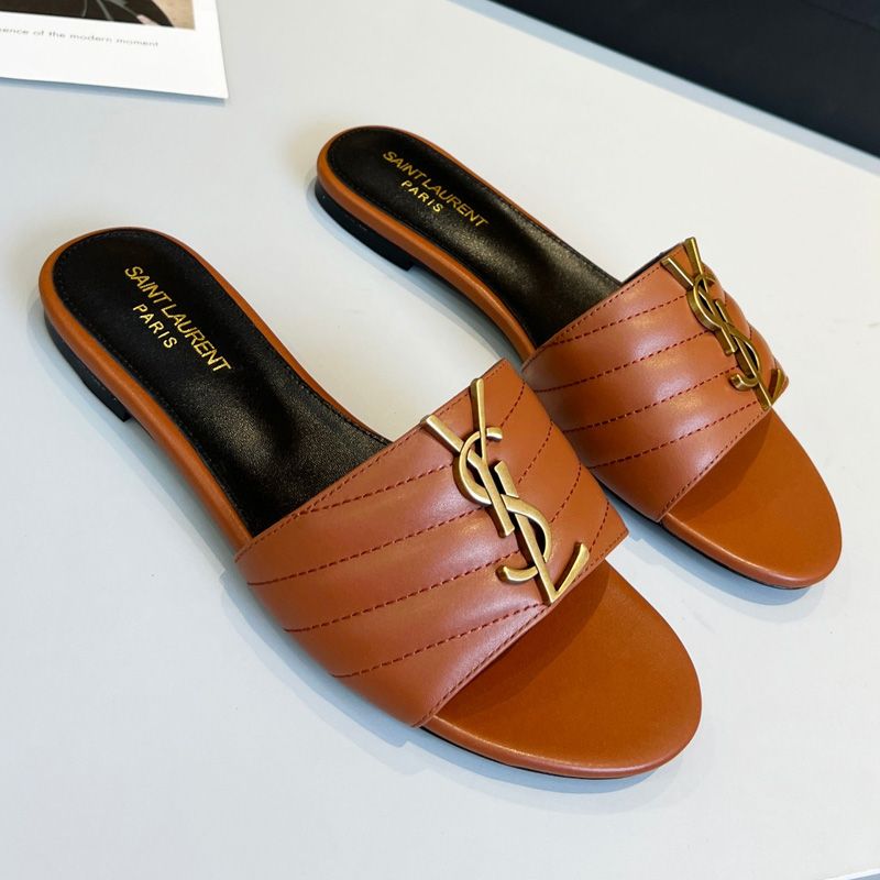 Saint Laurent Monogram Slides Women Matelasse Leather Brown Gold