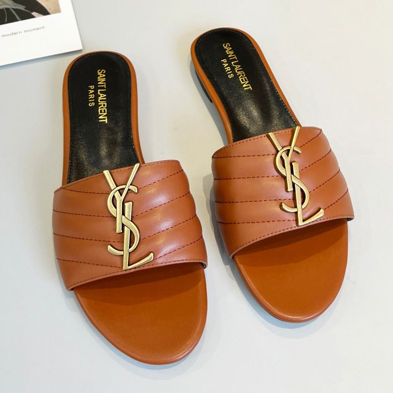 Saint Laurent Monogram Slides Women Matelasse Leather Brown Gold