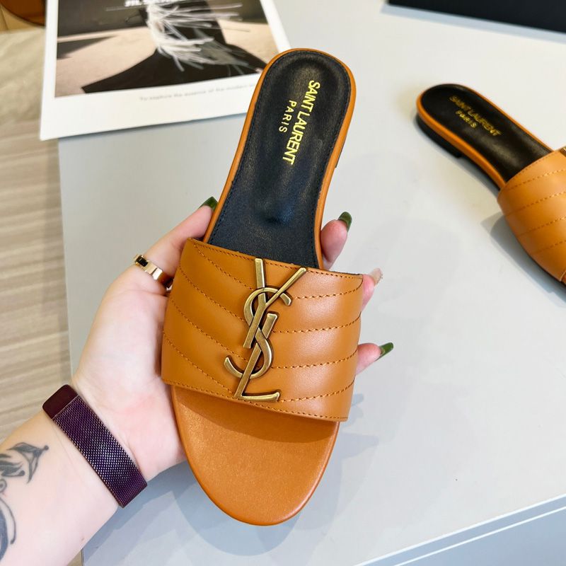 Saint Laurent Monogram Slides Women Matelasse Leather Camel Gold