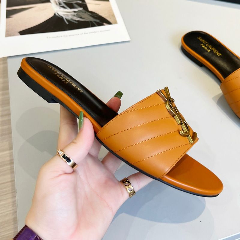 Saint Laurent Monogram Slides Women Matelasse Leather Camel Gold