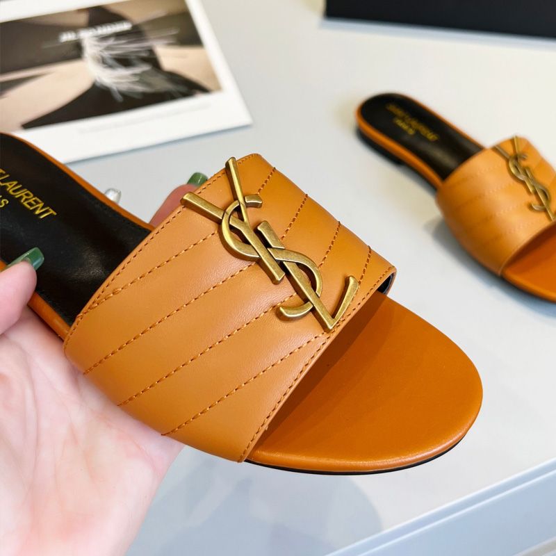 Saint Laurent Monogram Slides Women Matelasse Leather Camel Gold