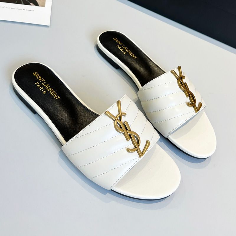 Saint Laurent Monogram Slides Women Matelasse Leather White Gold