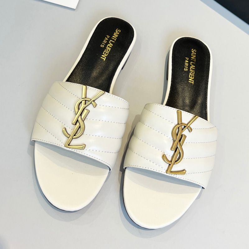 Saint Laurent Monogram Slides Women Matelasse Leather White Gold