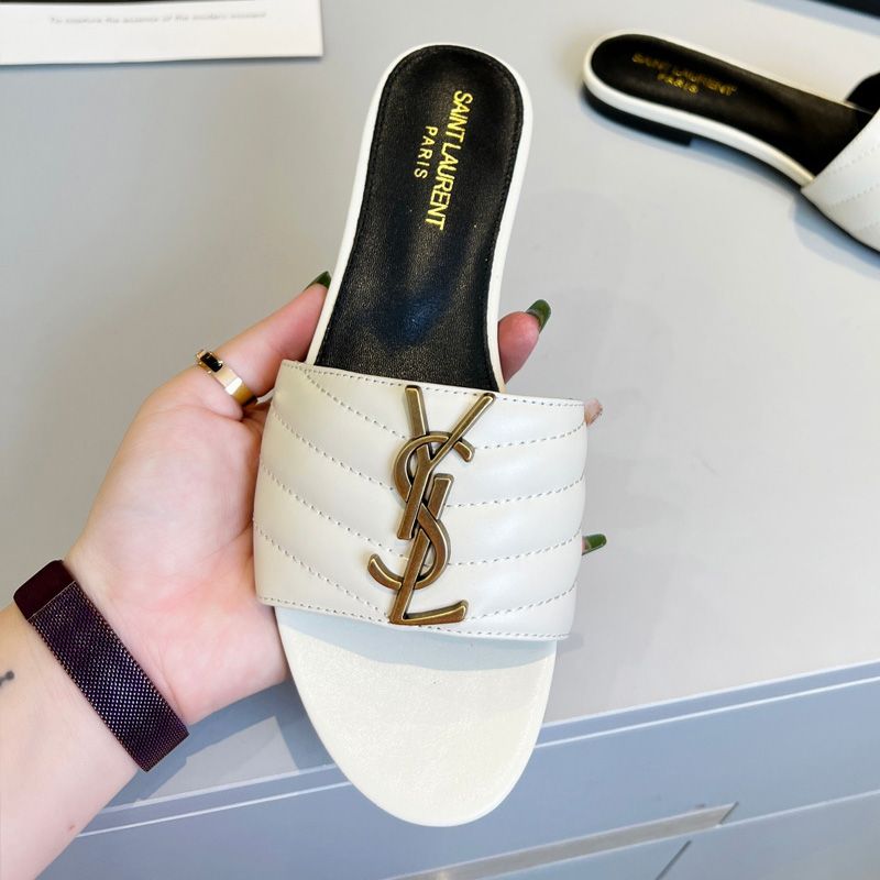 Saint Laurent Monogram Slides Women Matelasse Leather White Gold