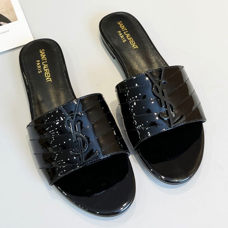 Saint Laurent Monogram Slides Women Matelasse Patent Leather Black